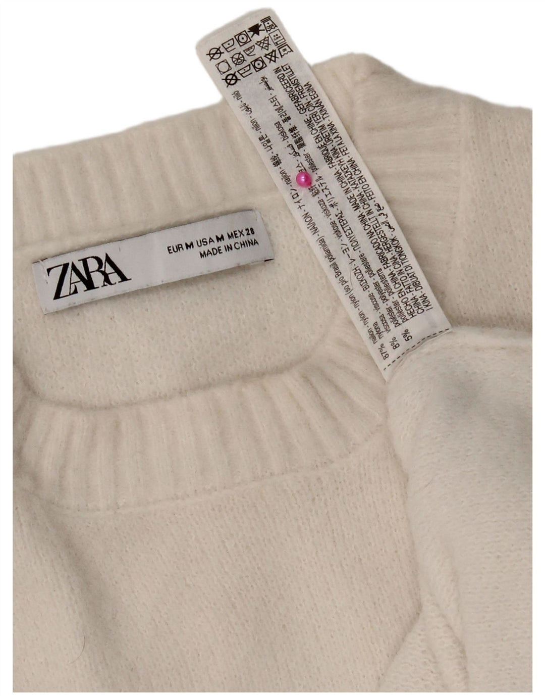 Maglione corto girocollo da donna Zara UK 14 nylon bianco medio