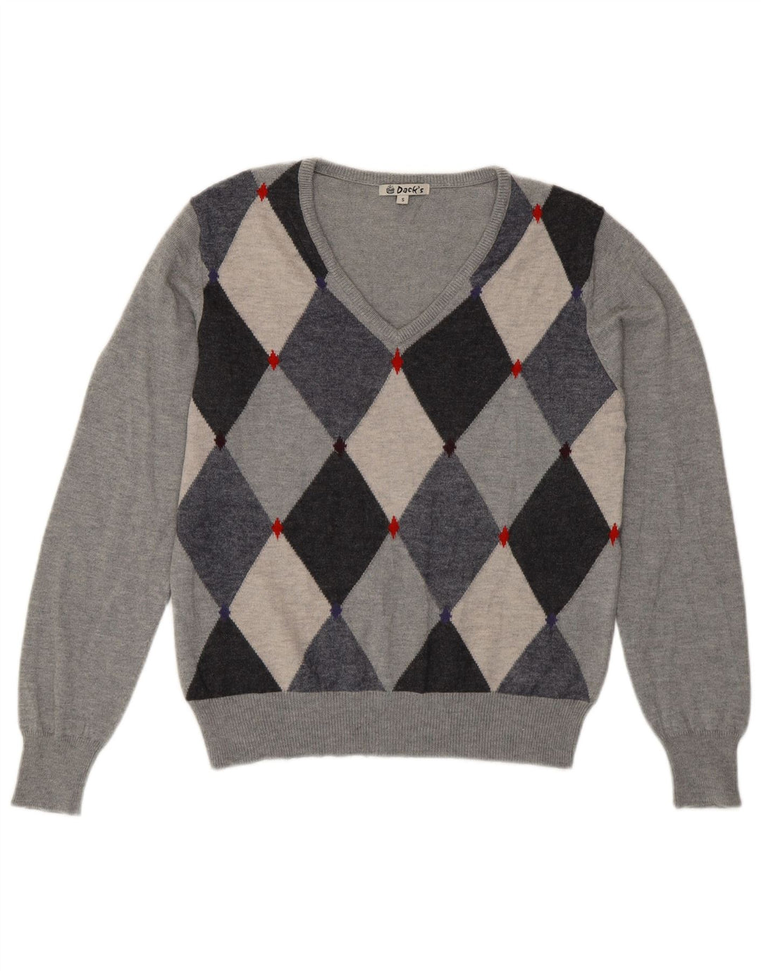 DACK'S Womens V-Neck Jumper Sweater UK 10 Small Grey Argyle/Diamond Wool