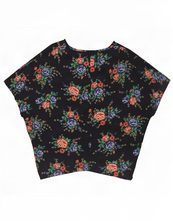 Top in camicetta a pipistrello da donna vintage UK 16 grande blu navy floreale