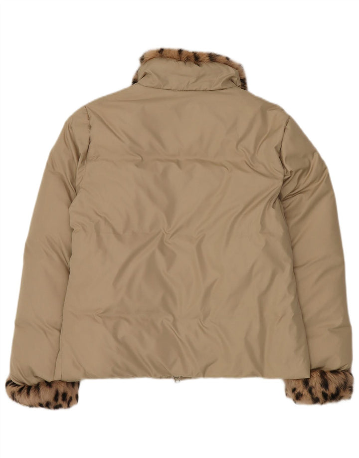 Giacca imbottita oversize da donna vintage UK 10 piccola stampa animalier beige