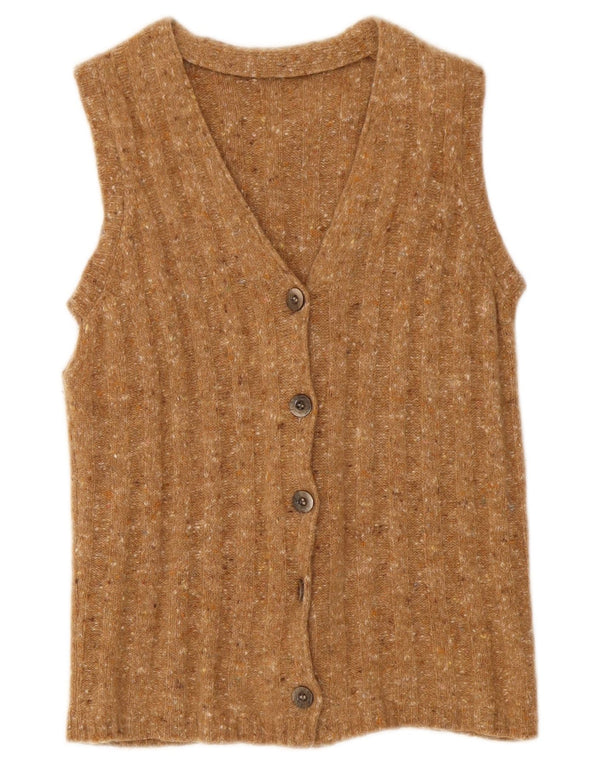Maglione cardigan senza maniche vintage da donna UK 10 piccolo marrone screziato