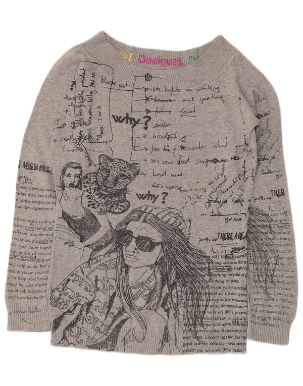 Desigual maglione da donna con scollo a barca con grafica UK 14 grande cotone grigio