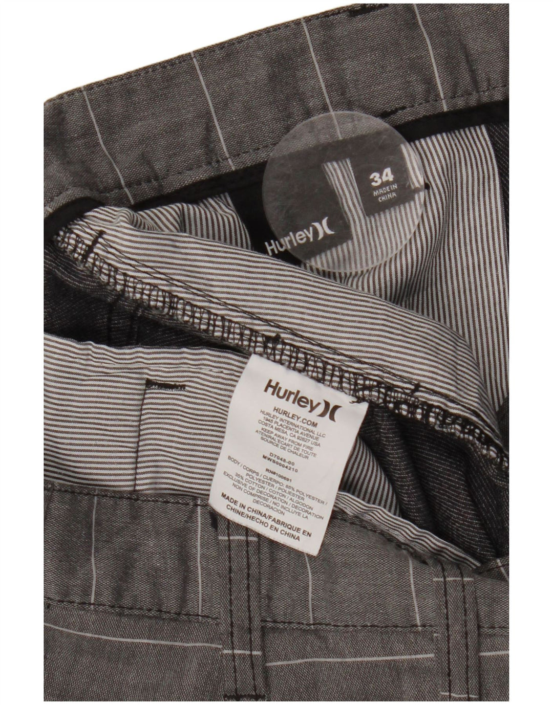 Pantaloncini chino HURLEY Nike Dri Fit da uomo W34 grande poliestere gessato grigio