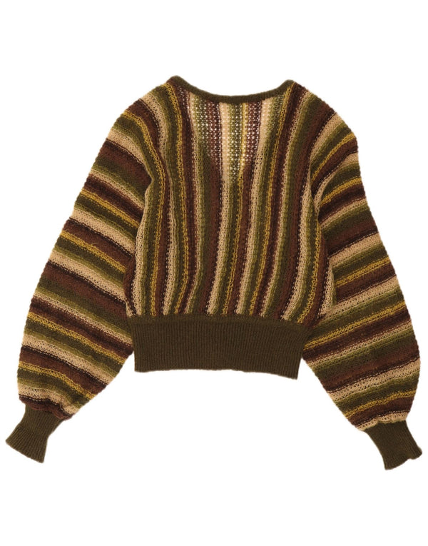 Maglione vintage da donna con scollo a V trasparente UK 14 a righe grandi color kaki