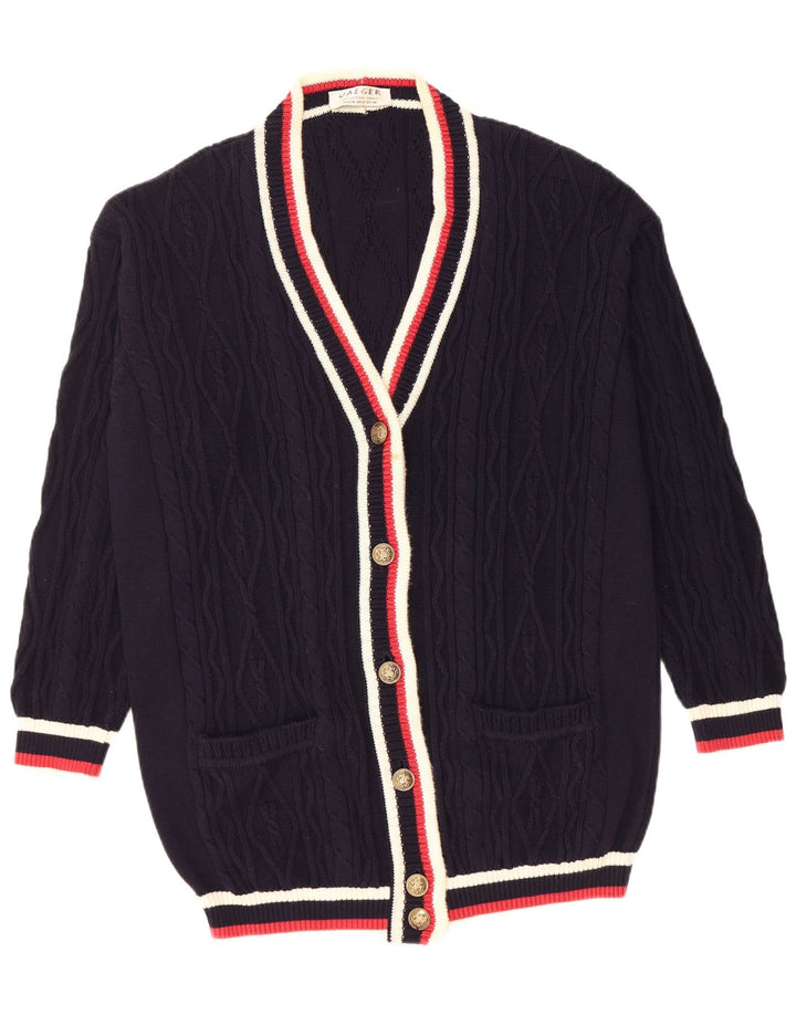JAEGER Maglione cardigan oversize da donna UK 10 Piccolo blu navy color block
