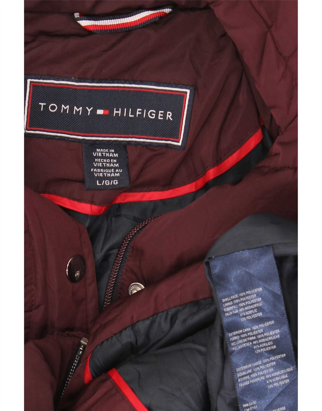 Giacca imbottita con cappuccio da donna Tommy Hilfiger UK 16 Large Bordeaux Poliestere