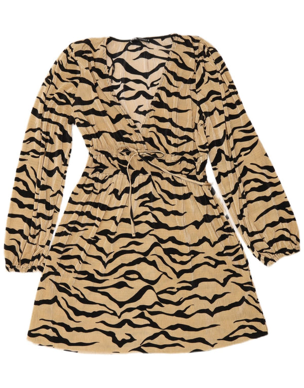 Abito a trapezio a maniche lunghe da donna Zara UK 12 Stampa animalier beige medio