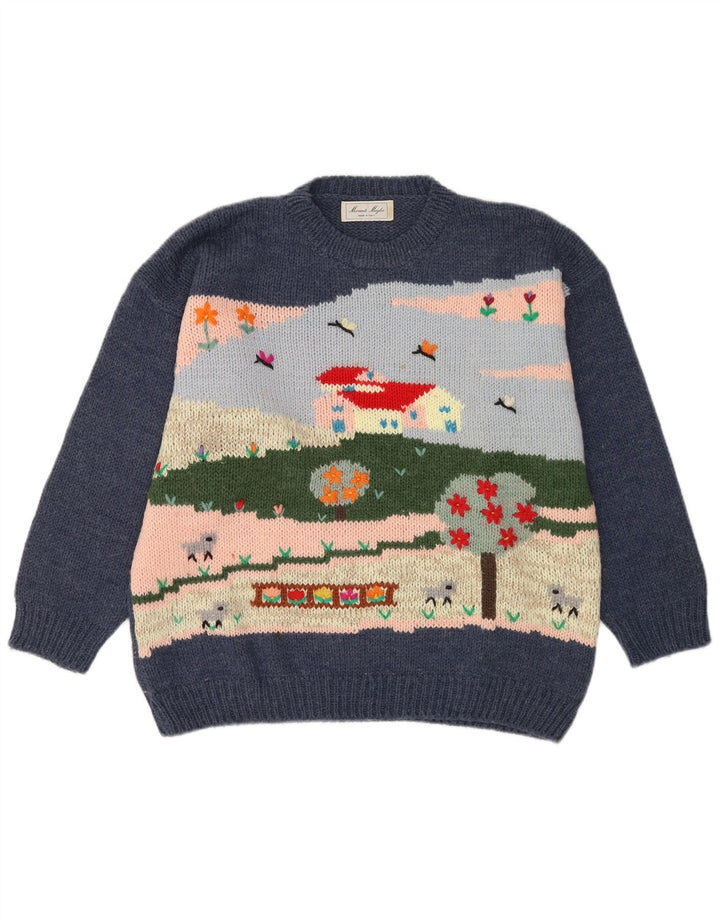 Maglione girocollo con grafica vintage da uomo, grande lana blu navy