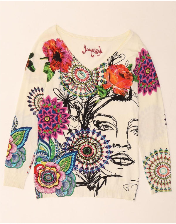 Desigual Donna Maglione con scollo a V grafico UK 14 Grande floreale bianco