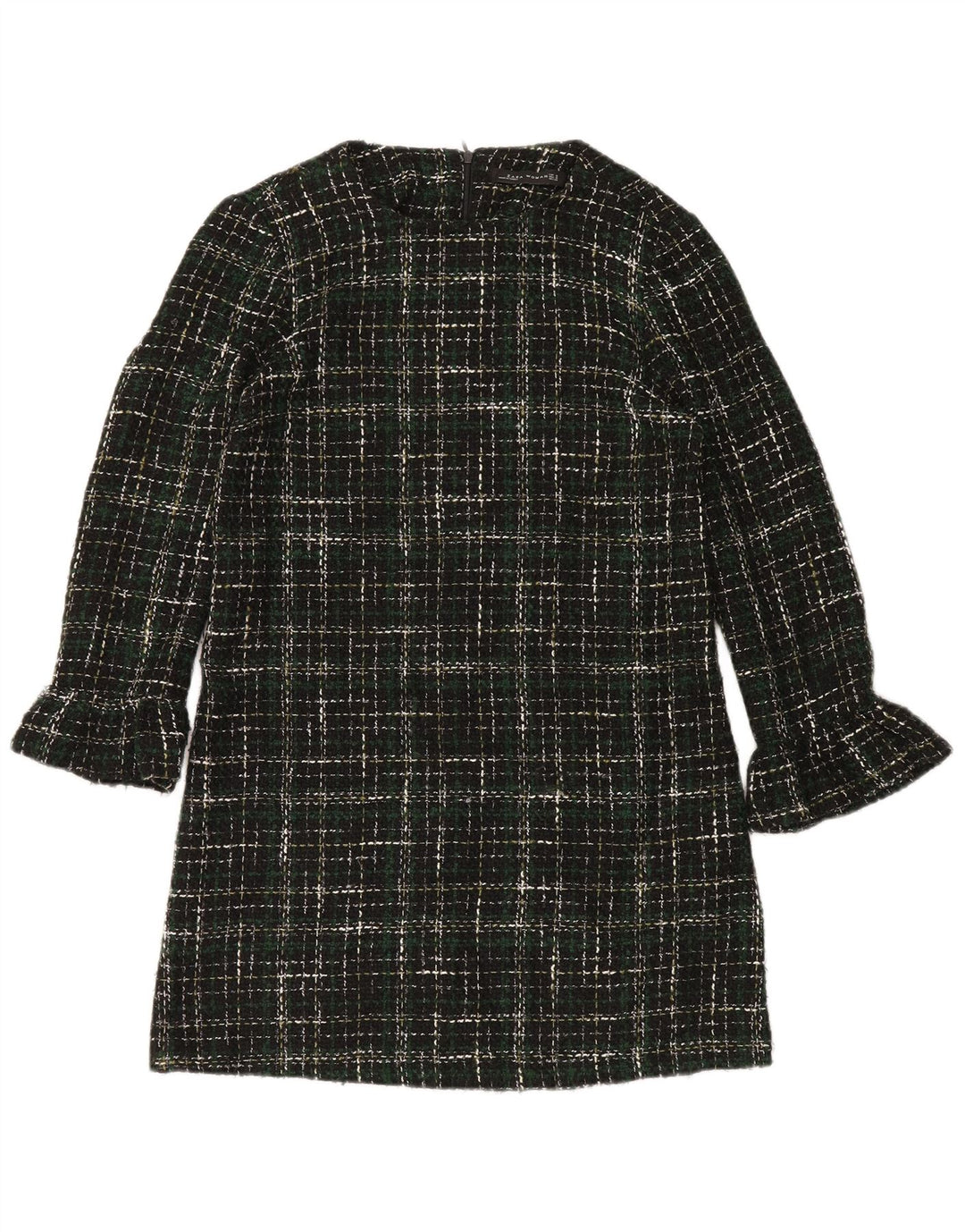 Abito a trapezio a maniche lunghe da donna Zara UK 14 Acrilico a quadri verde medio