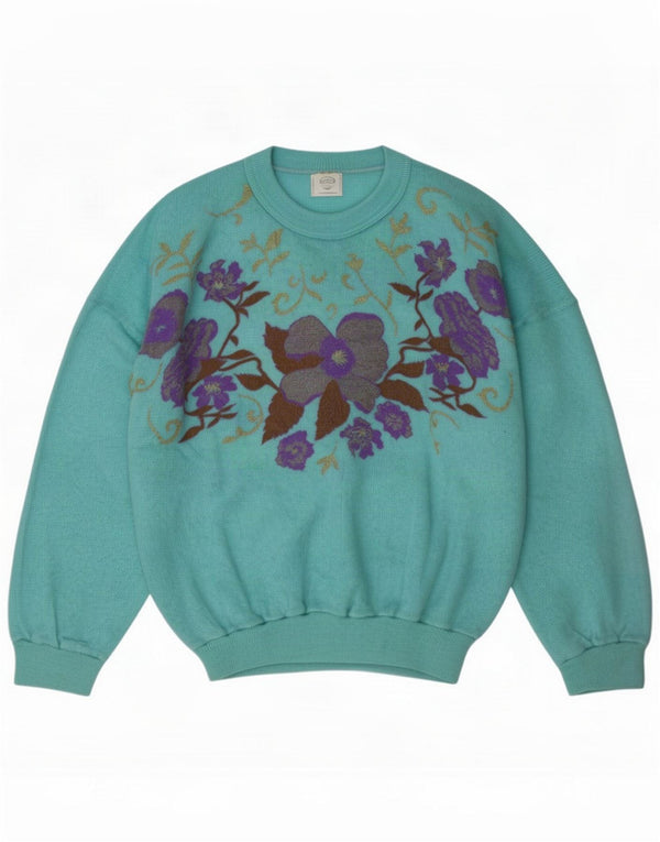 Maglione maglione girocollo da donna vintage UK 18 XL turchese floreale