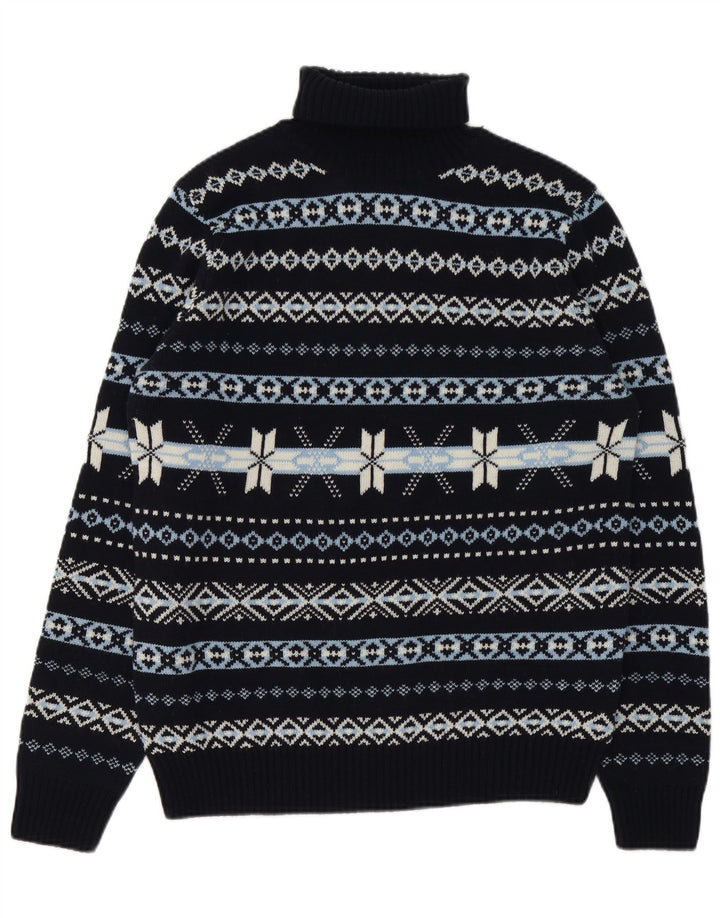 GUTTERIDGE Maglione da uomo con collo alto e maglione XL in lana Fair Isle blu navy