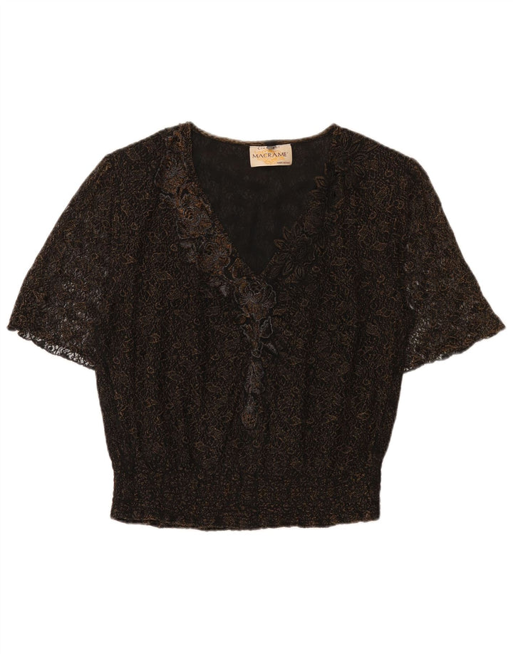 Top camicetta da donna vintage UK 16 grande floreale nero
