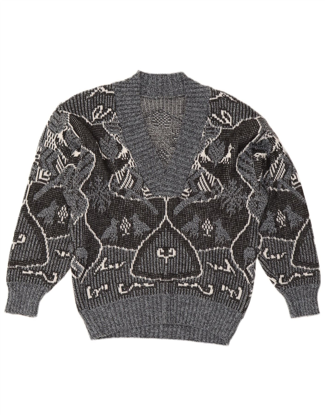 Maglione vintage da donna con scollo a V IT 48 XL Poliacrilico Fair Isle grigio