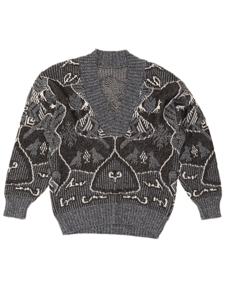 Maglione vintage da donna con scollo a V IT 48 XL Poliacrilico Fair Isle grigio