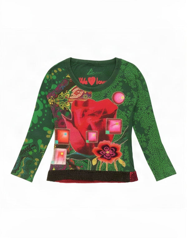 Desigual Donna Graphic Top Manica Lunga UK 10 Piccolo Verde Floreale Cotone