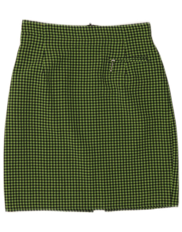 Mini gonna a tubino vintage da donna UK 10 piccola W26 viscosa a quadretti verde