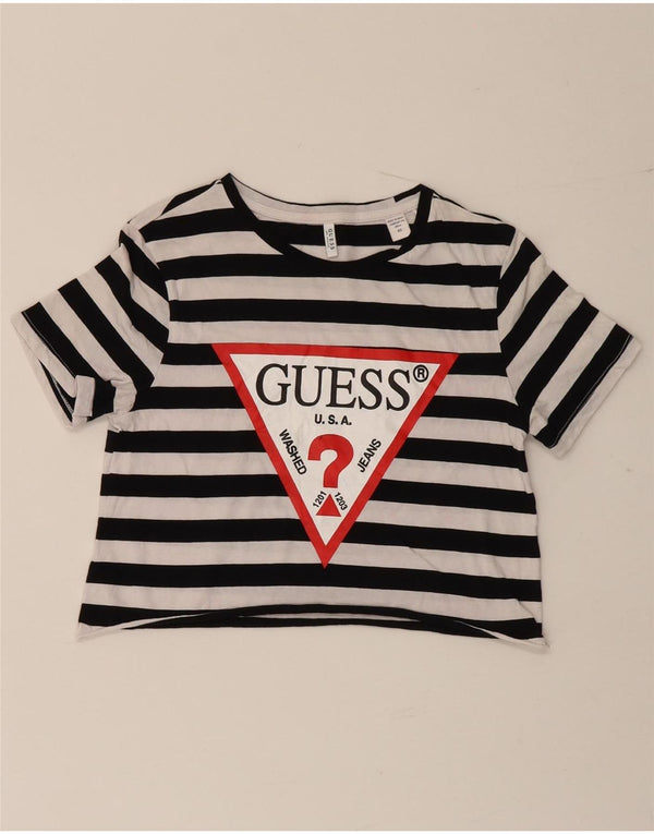Guess Womens Crop Graphic T-Shirt Top UK 6 XS Black Striped