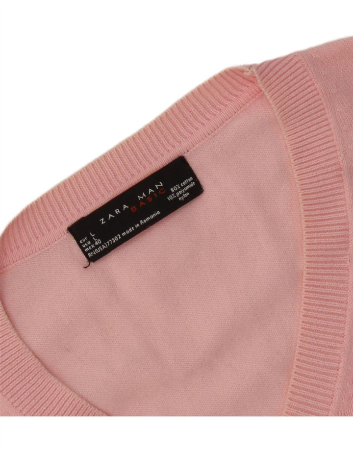 Maglione Zara da uomo con scollo a V grande rosa a rombi/cotone diamante