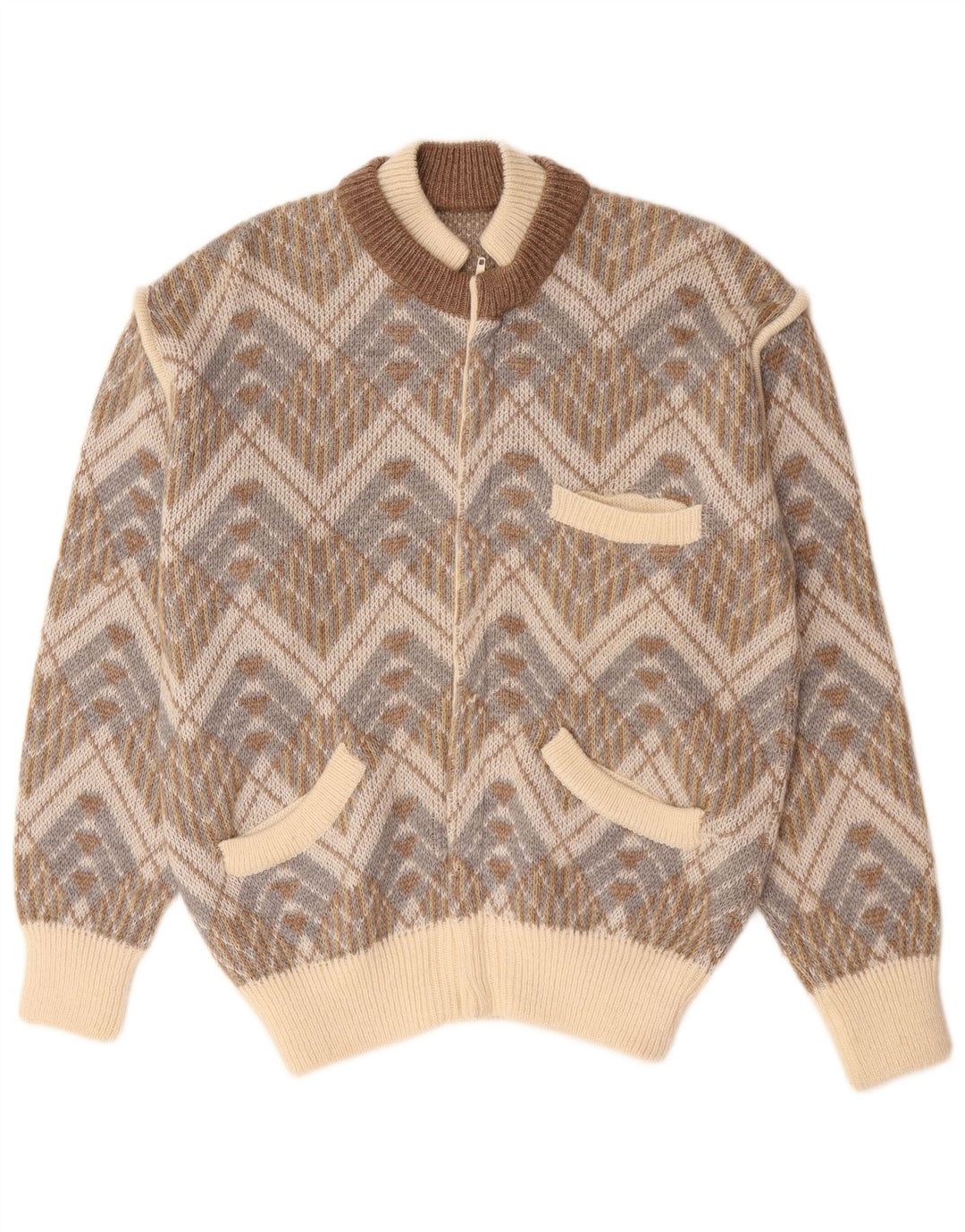 Maglione cardigan da uomo vintage grande geometrico beige