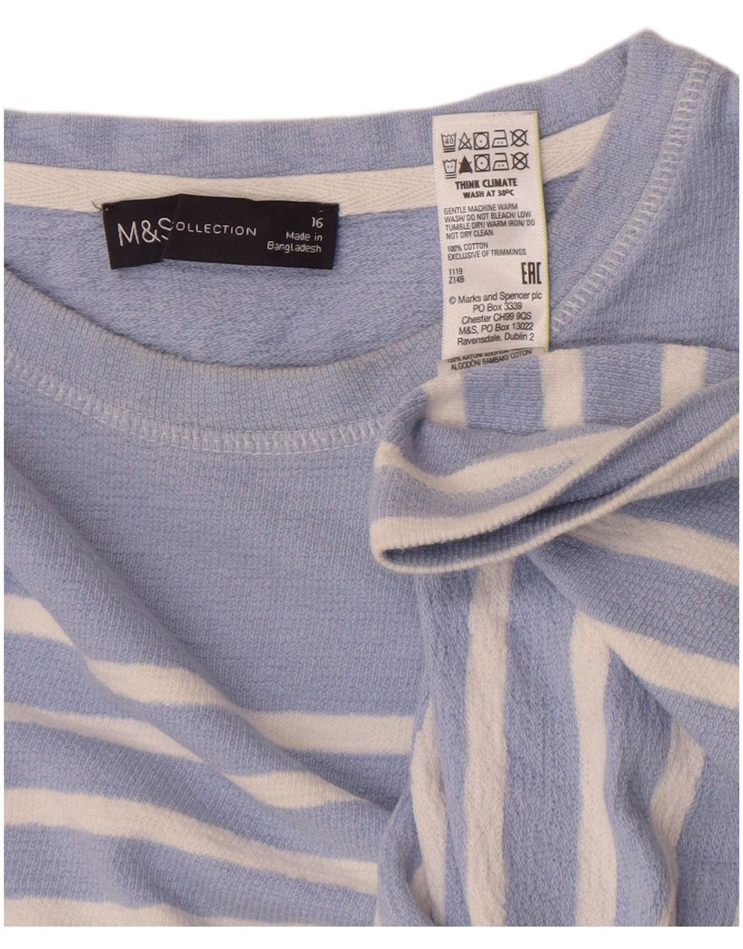 Marks & Spencer Top da donna a maniche lunghe UK 16 Cotone a righe grandi blu