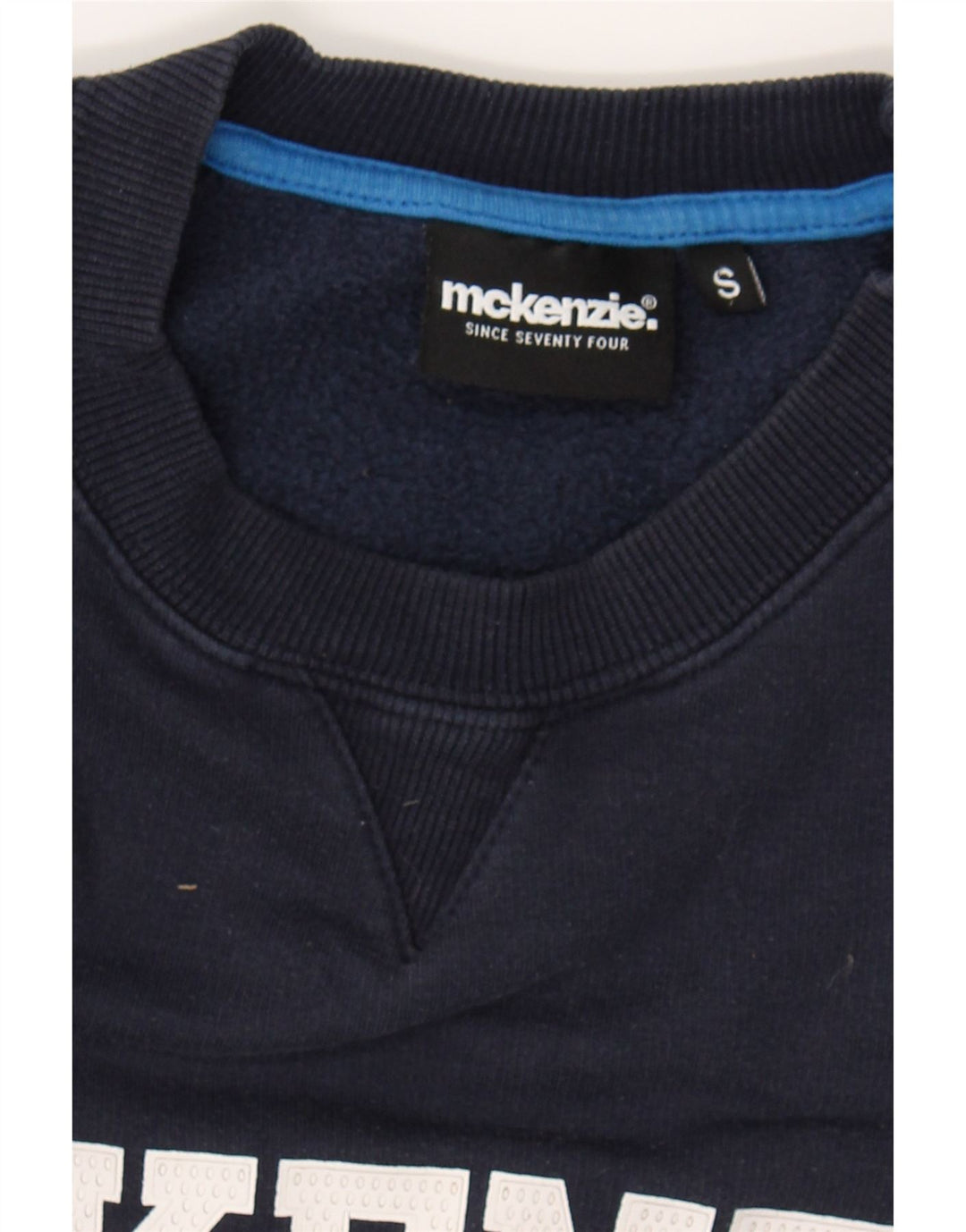 MCKENZIE Mens Graphic Sweatshirt Jumper Small Navy Blue Vintage Mckenzie and Second-Hand Mckenzie from Messina Hembry 