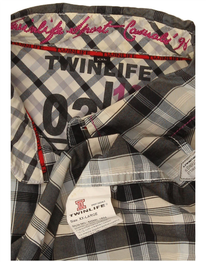 Camicia a maniche corte con grafica vintage da uomo 2XL in cotone a quadri grigio