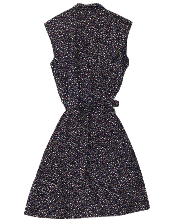 Abito vintage da donna senza maniche a trapezio UK 12 medio blu navy floreale