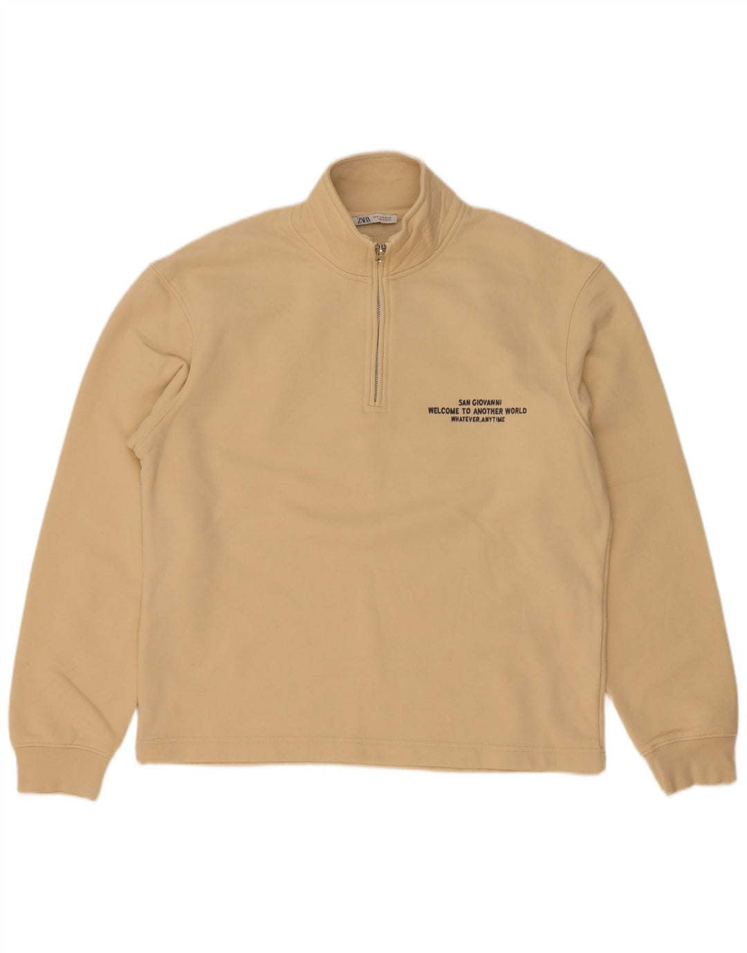 Felpa Zara da uomo con collo con zip grafica, maglione, cotone beige medio