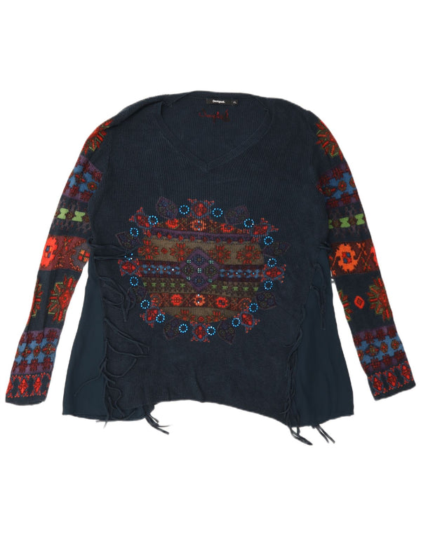 Desigual Womens Graphic V-Neck Jumper Sweater UK 18 XL Navy Blue Floral