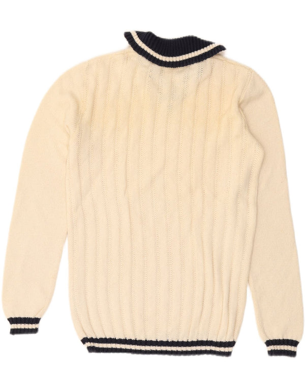 Maglione maglione vintage da donna con scollo a V UK 16 grande cotone a righe bianco sporco