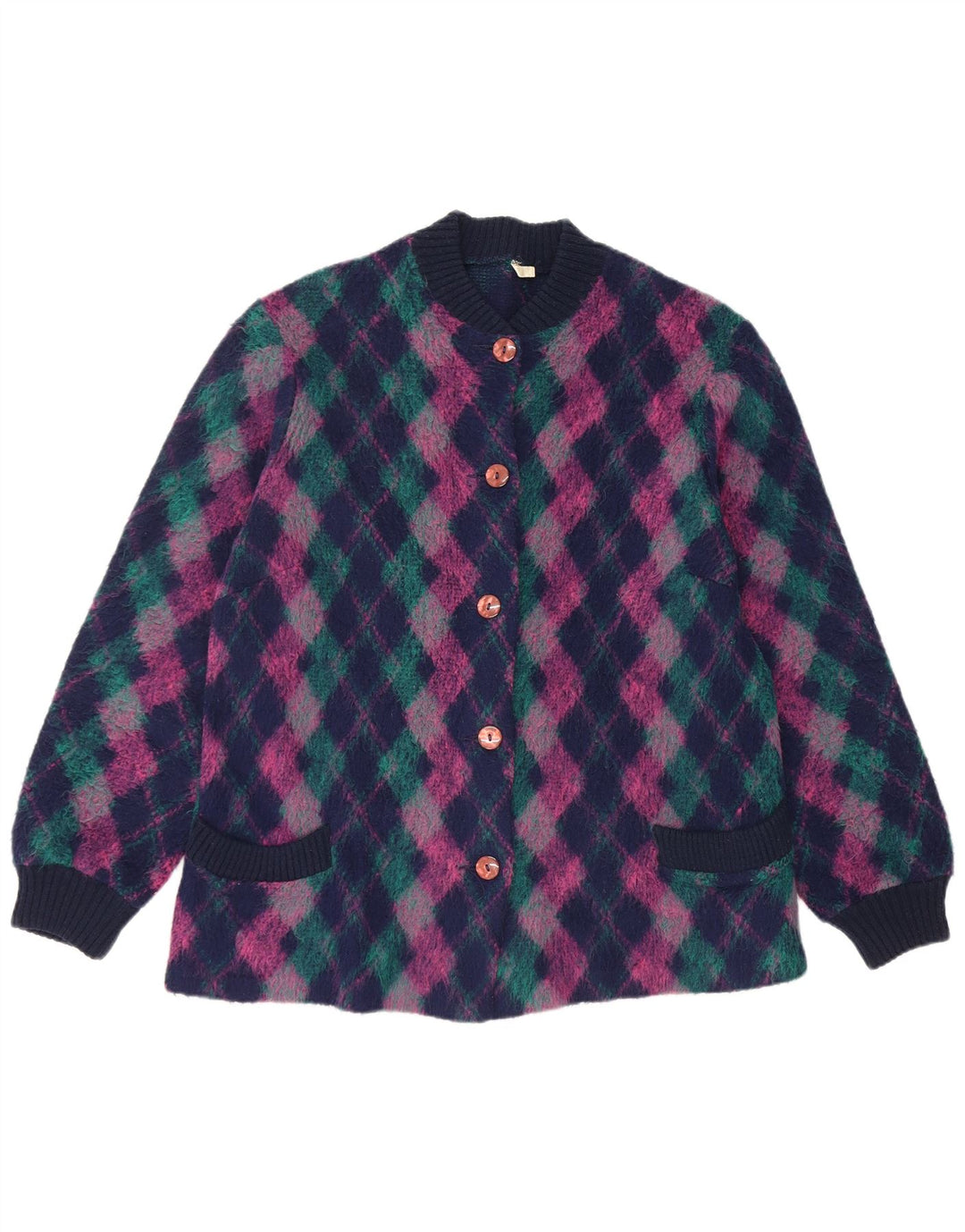 Maglione cardigan da donna vintage EU 50 3XL lana a rombi/diamanti multicolore