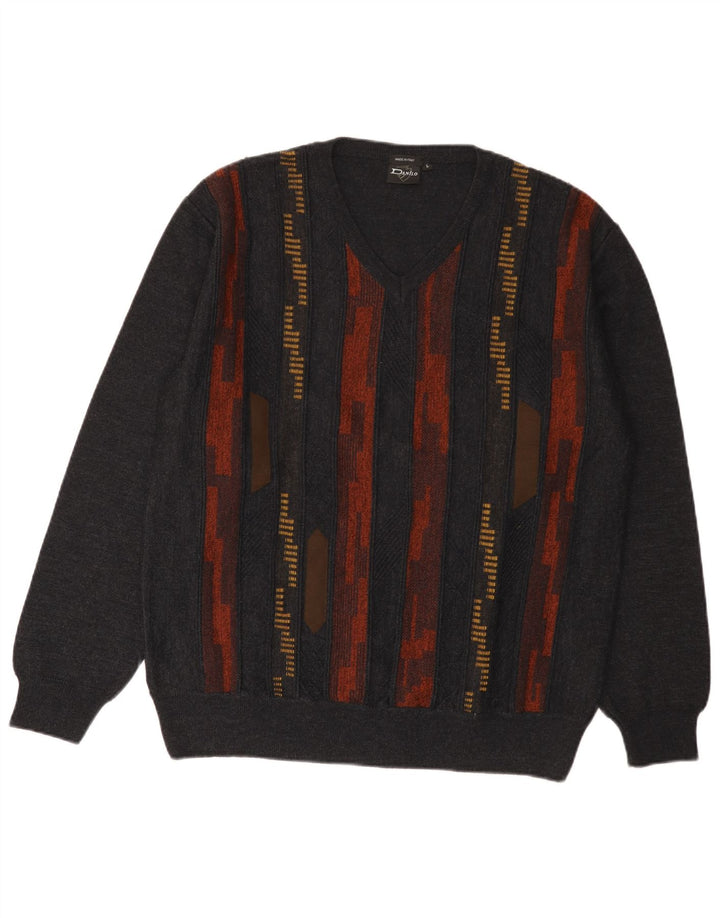 Maglione da uomo con scollo a V Danilo, poliacrilico a righe grigie grandi