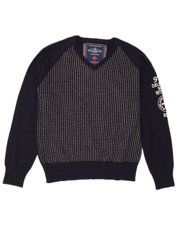 Zu Elements Maglione da uomo con scollo a V grafico XL Lana geometrica blu navy