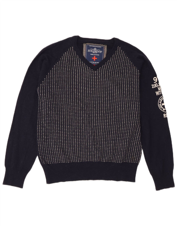 Zu Elements Maglione da uomo con scollo a V grafico XL Lana geometrica blu navy