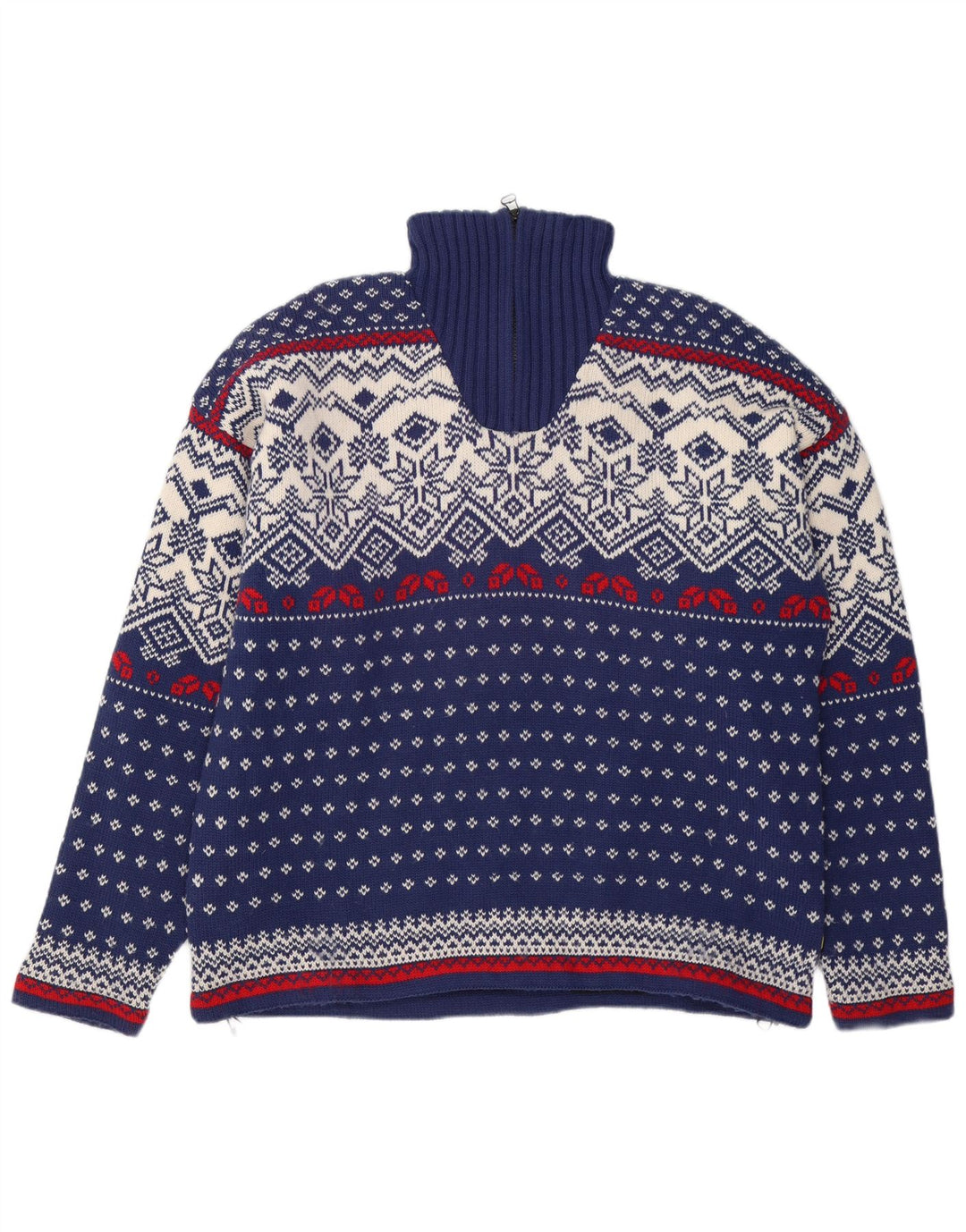 OCK Maglione da uomo con zip e collo XL in lana Fair Isle blu navy