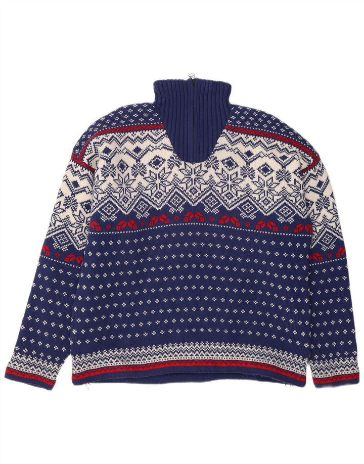 OCK Maglione da uomo con zip e collo XL in lana Fair Isle blu navy