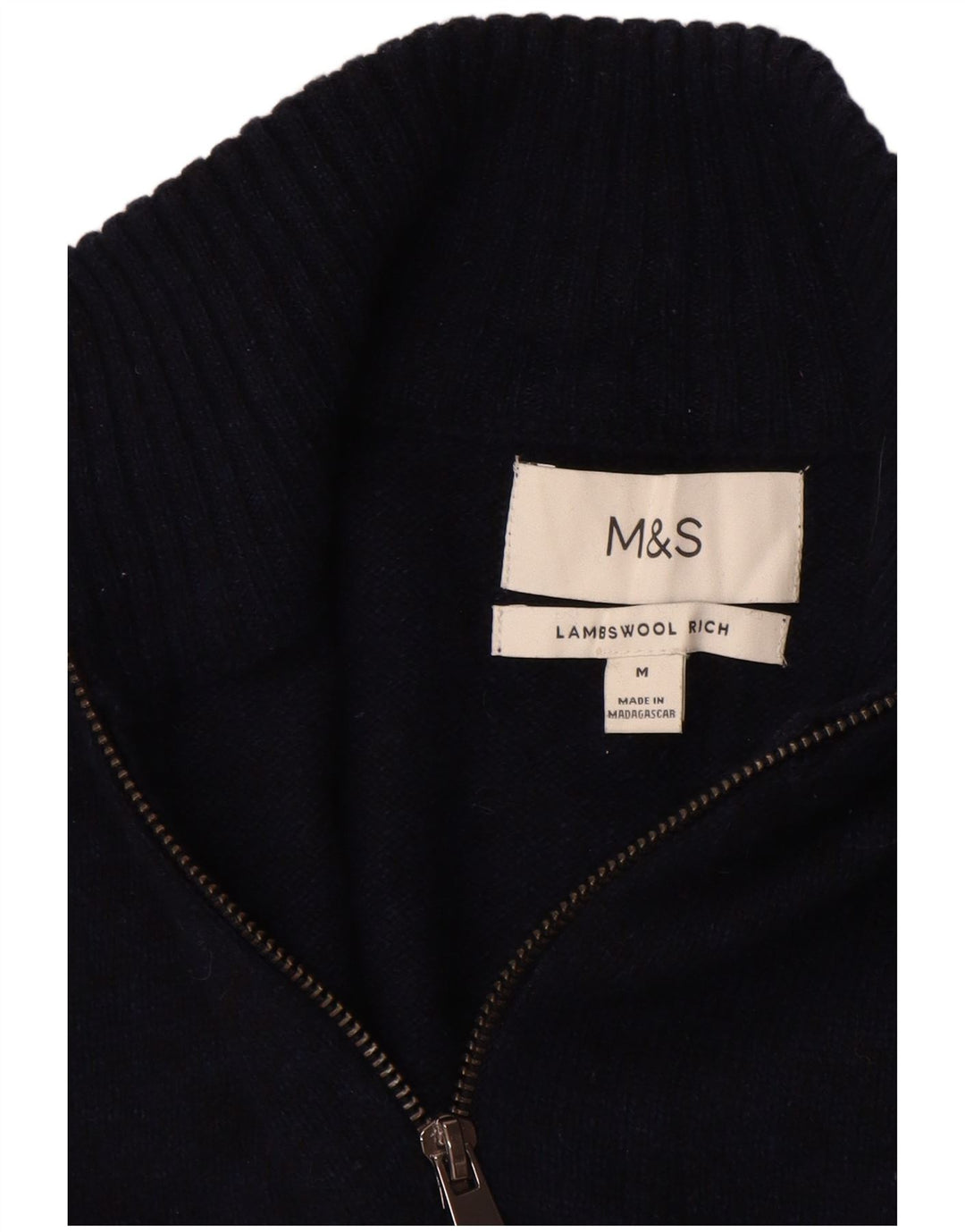 Maglione da uomo Marks & Spencer con zip e collo in lana d'agnello medio blu navy