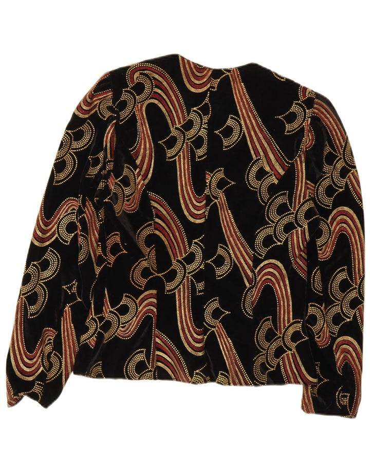 Top cardigan vintage in velluto con motivo astratto da donna UK 12 medio nero