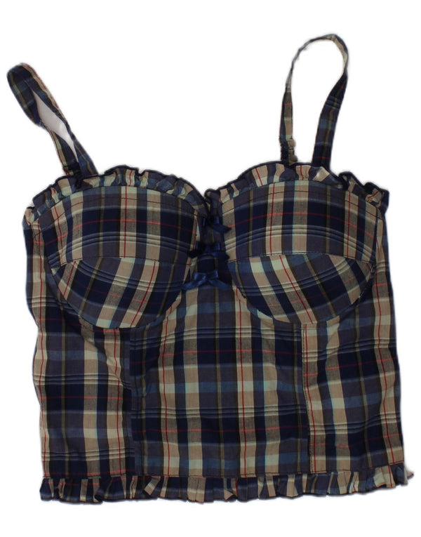 Top corsetto vintage da donna piccolo in cotone a quadri blu navy, bohémien