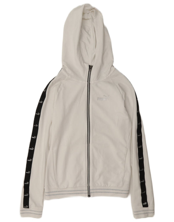 Felpa con cappuccio e zip grafica da donna Puma UK 10 Small White Colourblock Cotton