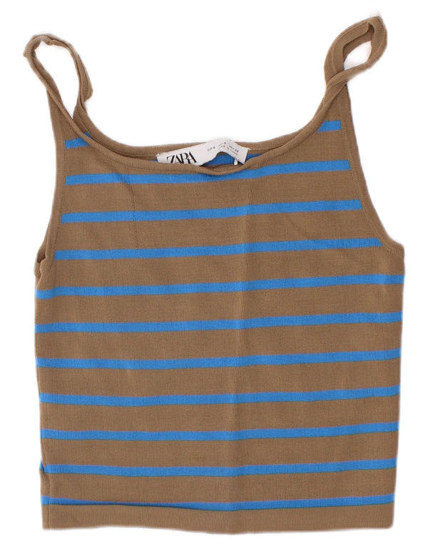 Zara Womens Crop Cami Top UK 8 Small Brown Striped Viscose