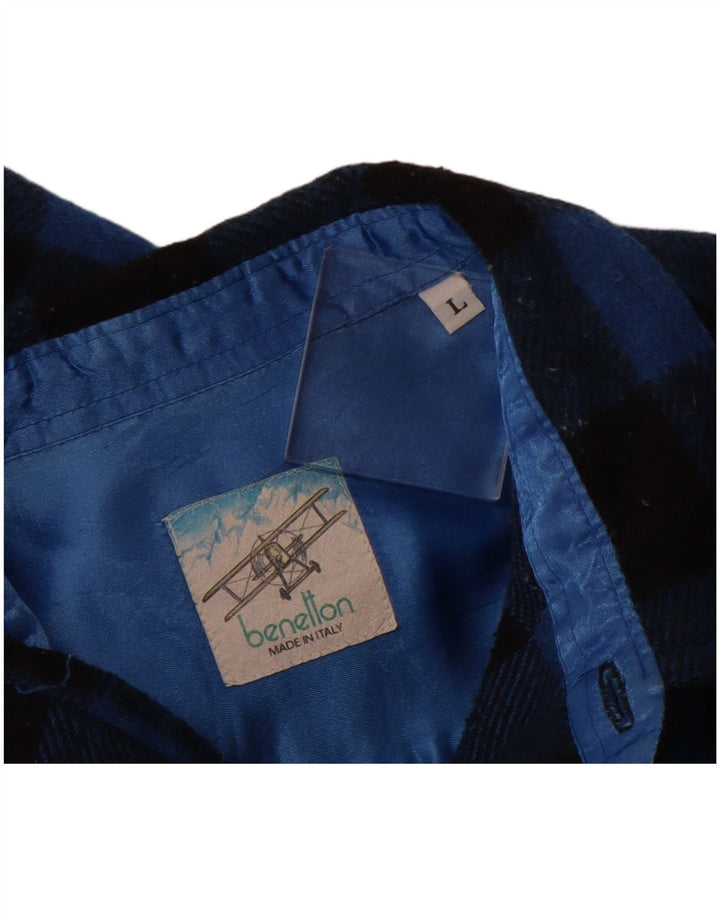 BENETTON Camicia da uomo in flanella da boscaiolo grande a quadretti blu
