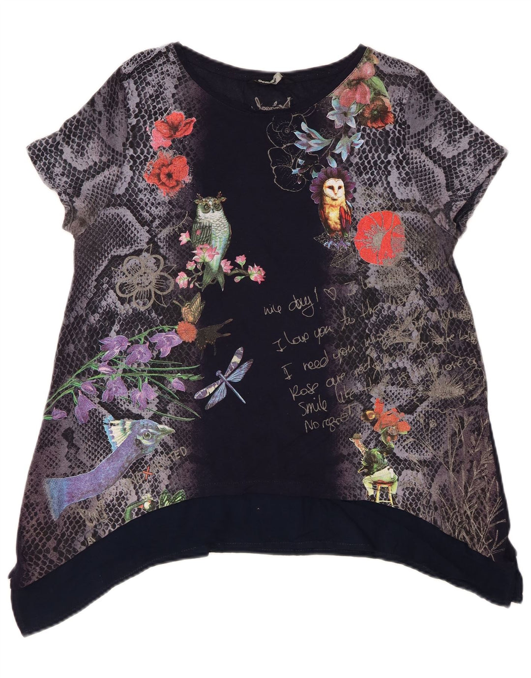 Desigual Donna Graphic Tunica Top UK 14 Medio Blu Navy Floreale