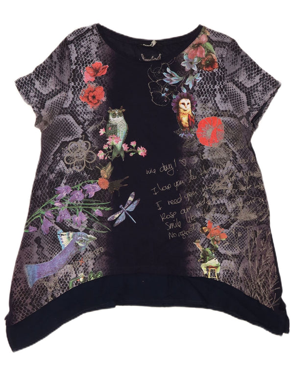 Desigual Donna Graphic Tunica Top UK 14 Medio Blu Navy Floreale
