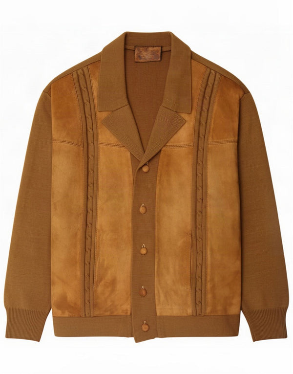 Maglione cardigan in pelle scamosciata vintage da uomo marrone medio Colourblock