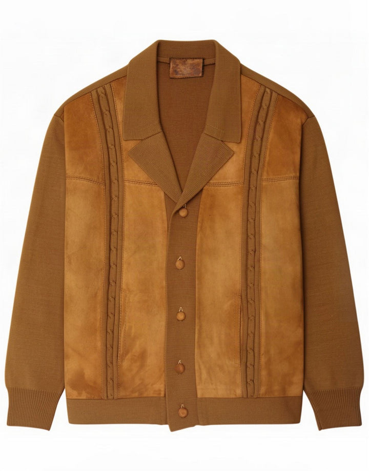 Maglione cardigan in pelle scamosciata vintage da uomo marrone medio Colourblock
