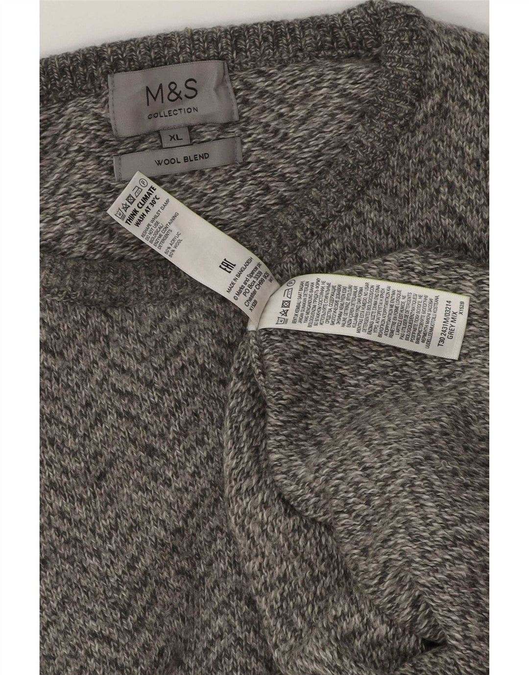 Maglione maglione girocollo da uomo Marks & Spencer XL in lana a spina di pesce grigia