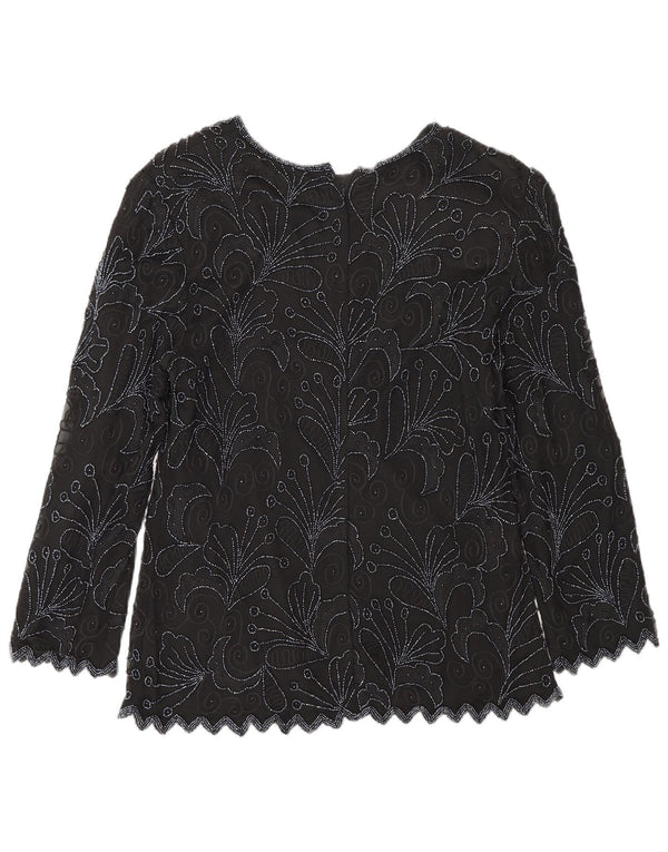 Top camicetta regolare a maniche lunghe da donna vintage UK 8 piccola seta floreale nera