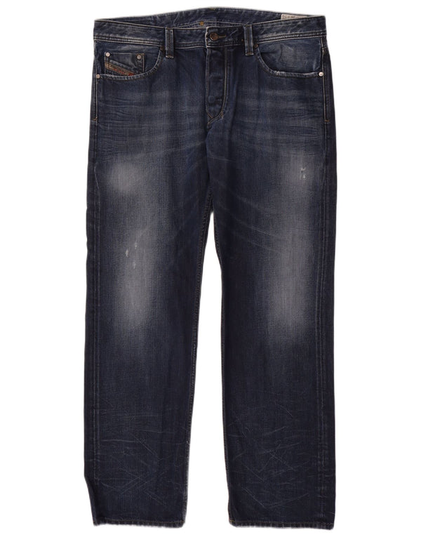 Jeans dritti invecchiati da uomo Diesel W36 L30 in cotone blu navy